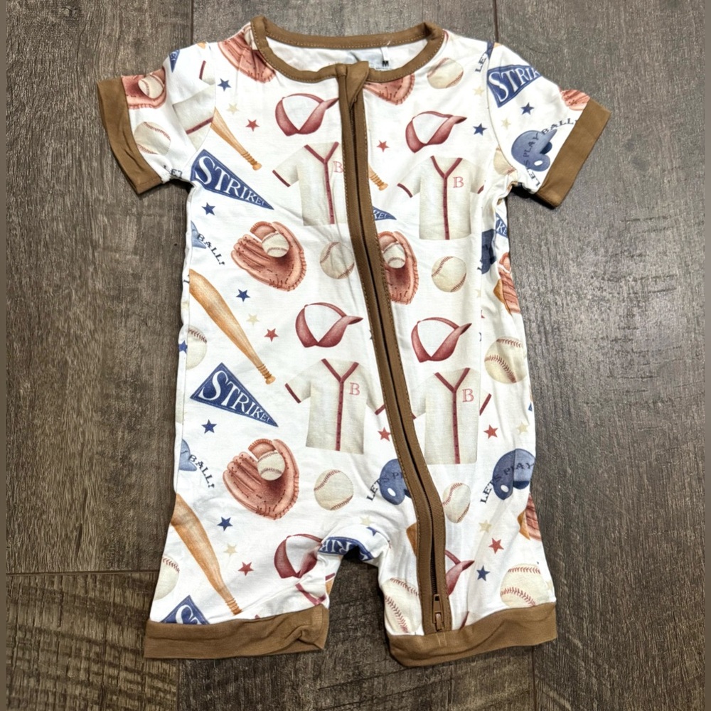 Baby Bamboo Zipper Sleeper Bodysuit Shorty PJs Baseball Print 3-6m